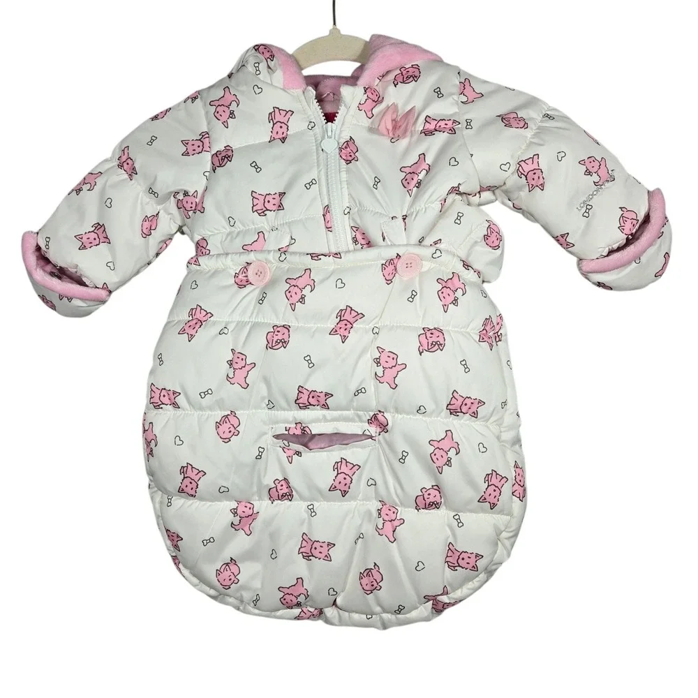 London Fog Puffer Bunting Bag Baby Girls 0-6M White Pink Dog Print Fleece Pram